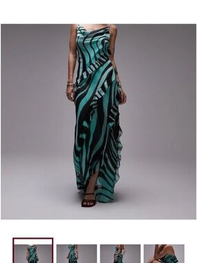 Mango Green Zebra Print Satin Maxi Dress Asymmetrical One Shoulder Size L